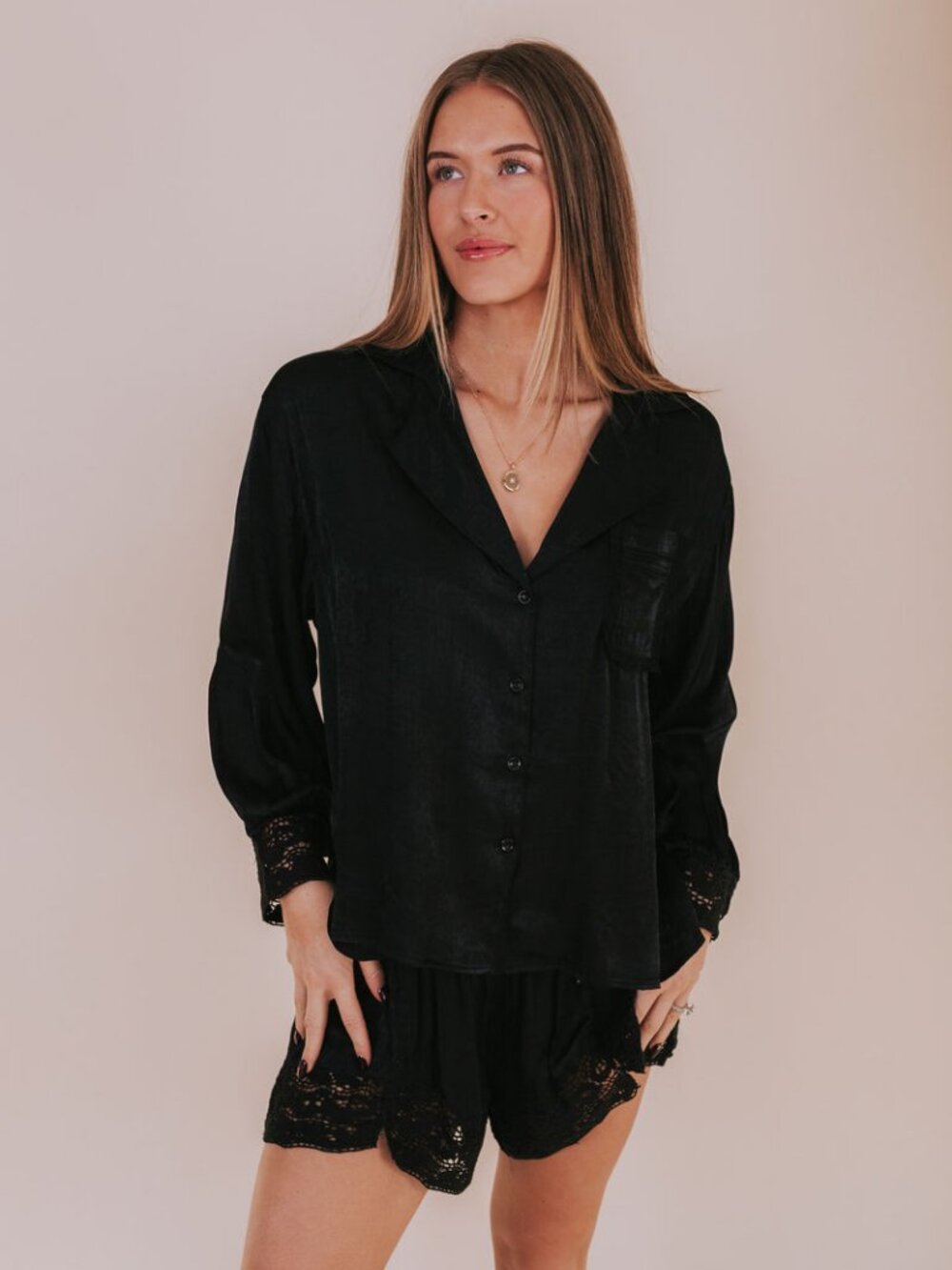Intimately Free People Midnight Muse Black Satin Sleep Shirt Pajama Top XL